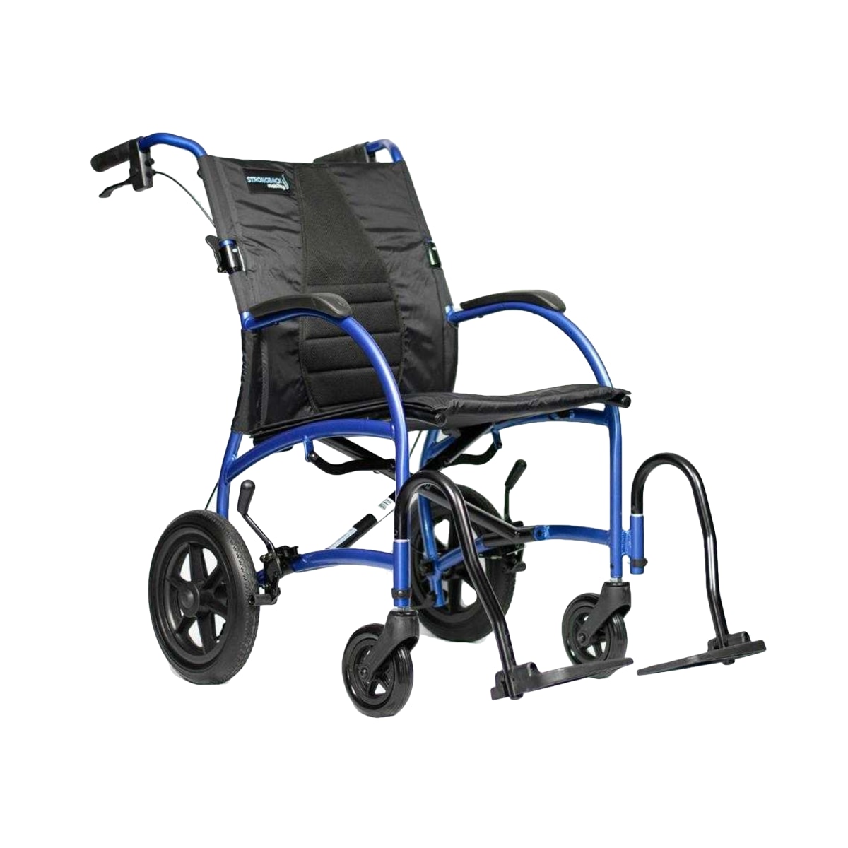 Strongback Transport Chair with a sleek, rounded design aesthetic and shiny blue frame